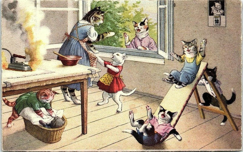 1940s Max Kunzli Anthropomorphic Kittens Iron Burning Mom Gossip Postcard 7-27 