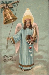 Christmas Little Girl Angel Ringing Bell Flower Cornucopia c1910 Postcard