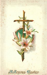 A Joyous Easter Greetings Card Wooden Cross White Flowers Vintage Postcard 1913