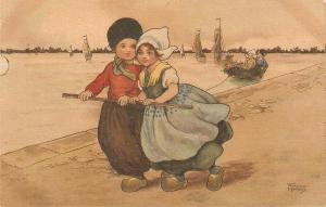 \Dutch children draging boat\ Lovely antique PC, signed