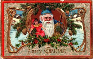 Blue Suit Santa Claus inset doll holly Merry Christmas gold embossed Postcard