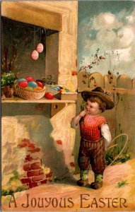 Easter Postcard Young Child at Market Window Looking At Colored Eggs