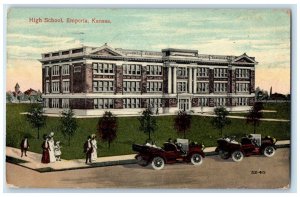 1914 High School Exterior Building Classic Cars Emporia Kansas Vintage Postcard