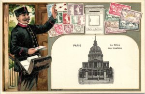 PC STAMPS, PARIS, PLACE DOME DES INVALIDES, Vintage EMBOSSED Postcard (b47921)