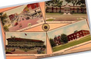 Parsons KS~4 Labeled Views of Town~Vintage Linen Postcard