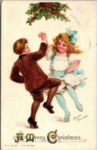 Merry Christmas Boy and Girl Dancing Frances Brundage c1914 Vintage Postcard J11