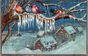 New Year Postcard Birds Sitting on a Snow Covered Branch Overlooking a Town