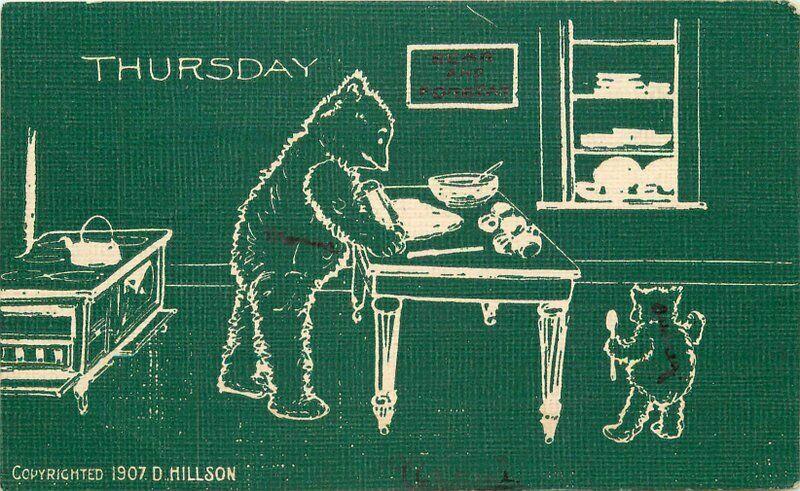 Arts Crafts Teddy Bears Thursday C-1910 Postcard Green Tint 2583