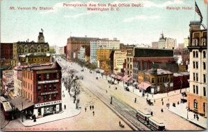 Postcard Pennsylvania Avenue, Mt. Vernon Railroad Station, Hotel Washington D.C.