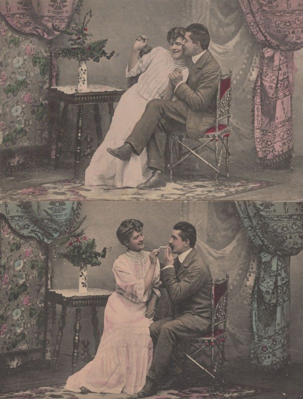 Lighting A Cigarette 2x Antique Smoking Romance Postcard s