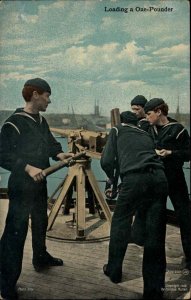 Navy Sailors Young Men Loading One Pounder Gun on Ship c1910 Vintage Postcard