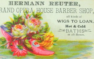 1870's-80's Hermann Reuter Grand Opera House Barber Shop Wigs To Loan Card F80 