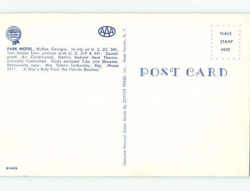 Unused 1950's PARK MOTEL Mcrae Georgia GA s3578