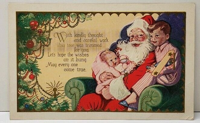Christmas Santa Children Young Boy & Baby Plane & Rattle Embossed Postcard F9
