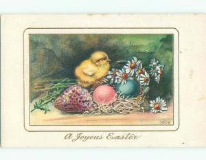 Unused Pre-Linen easter CHICK WITH COLORED EGGS IN DAISY FLOWERS k2012