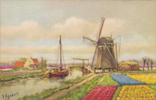 Netherlands Windmill Canal and Tulips