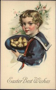 Easter - Sweet Little Boy w/ Chicks in His Sailor Hat c1915 Postcard