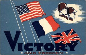 WWII US France GB Propaganda Poster Art Deco Flags Soldiers Used 1943 Postcard