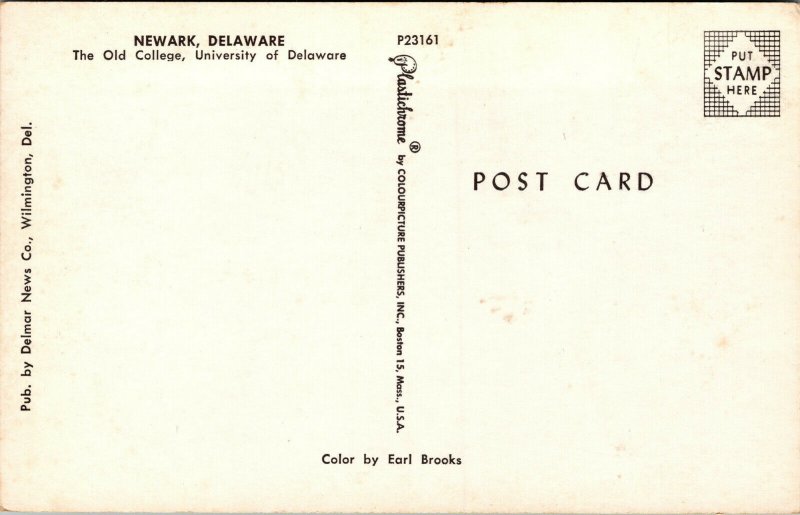 Vtg University of Delaware The Old College Newark Delaware DE Postcard