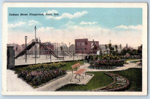 Gary Indiana IN Postcard Jackson Street Playground Bench Flowers c1920's Antique
