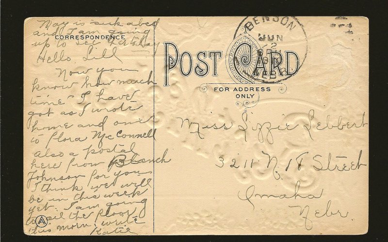 USA Postmarked 1910 Benson Nebr Embossed Best Wishes Color Postcard