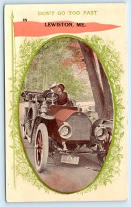 LEWISTON, ME Maine ~ Don't Go Too Fast SPOONER AUTO Comic c1910s Postcard