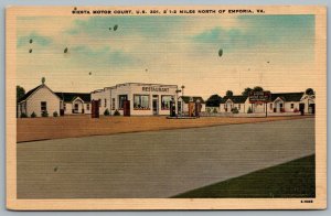 Postcard Emporia Virginia c1930s Siesta Motor Court Restaurant Gas Pumps Advert