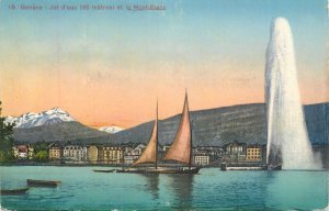 Switzerland navigation & sailing topic postcard Geneve sailing vessel fountain