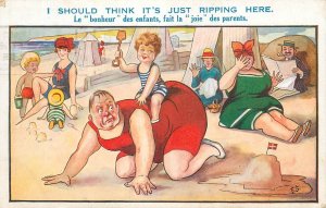 Humor comic caricature postcard Belgium beach day funny bath suit