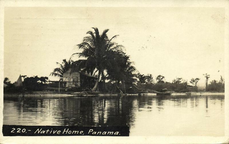 panama, CANAL ZONE, Ancon, Native Home, Boats and Fishing Nets (1920) RPPC Stamp