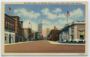 Michigan Avenue Post Office Battle Creek MI linen postcard