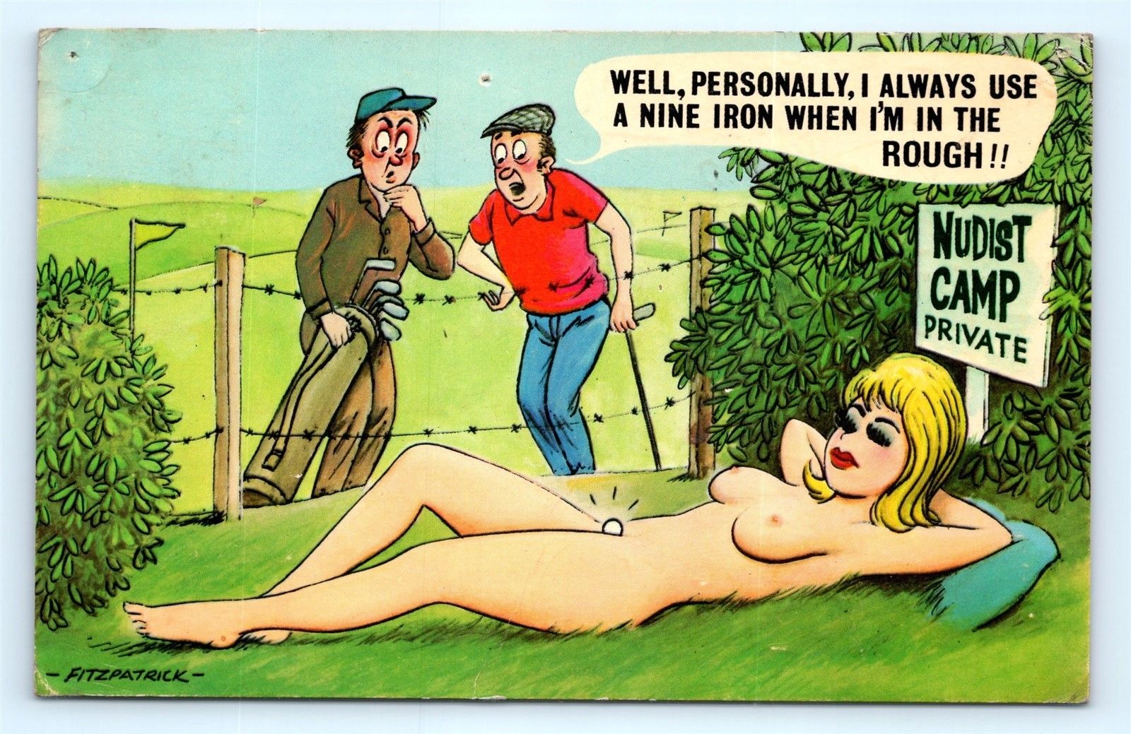 Postcard Risque Comic Nude Woman Golfer Golf Ball Rough ...