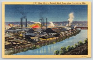 Youngstown Ohio~Republic Steel Corp~Factory Night Lights~Furnaces~1937 Linen