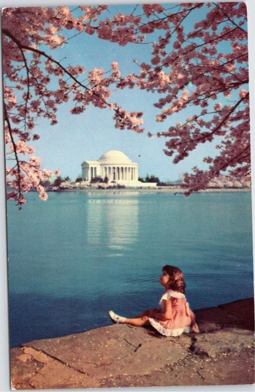 Jefferson Memorial -little girl sitting edge tidal basin looking up at Blossom