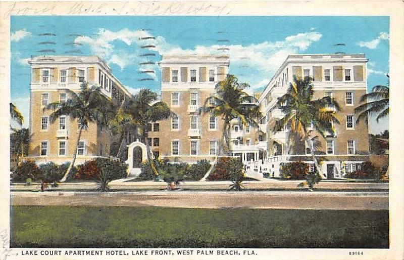 WEST PALM BEACH FL LAKE COURT APARTMENT HOTEL LAKE FRONT POSTCARD c1936