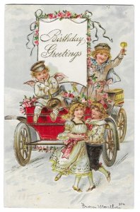 Birthday Greetings Embossed, Divided Postcard Mailed MI 1909 Automobile, Cherubs