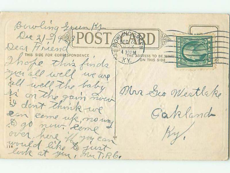 Pre-Linen christmas GIRL ON TOP OF BOY RIDING TOBOGGAN SLED k1195