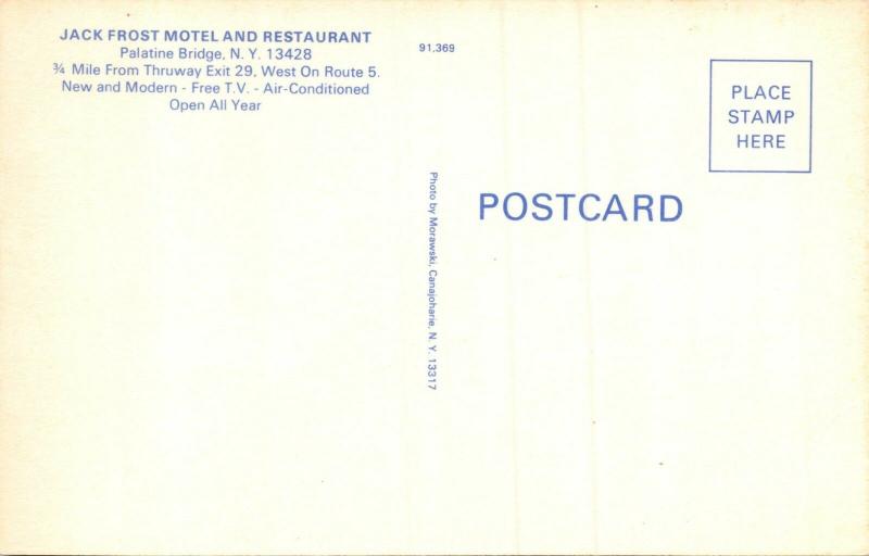 PALATINE BRIDGE NY~JACK FROST MOTEL & RESTAURANT-EXIT 29 TO ROUTE 5 POSTCARD