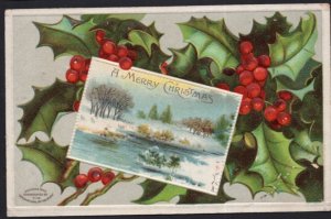 A Merry Christmas with Holly Winter Scene - Embossed - pm1908 - DB