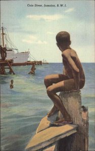 Jamaica - Bare Butt Boy Coin Diver Linen Postcard