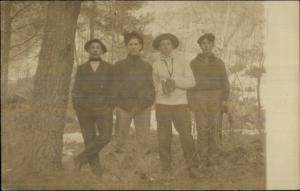 4 Young Men in Woods w/ Binoculars & Rope c1905 Real Photo Postcard