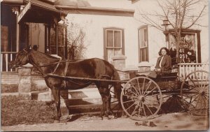 Young Woman Horse Wagon Millinery Sign Peters Unknown Location RPPC Postcard H27