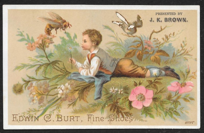 VICTORIAN TRADE CARD EC Burt Fine Shoes Well Dressed Boy Bee & Flowers