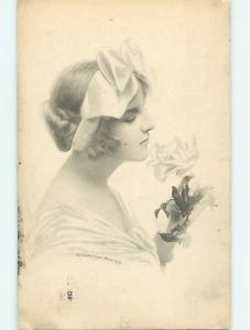 Divided-Back art nouveau GIRL WITH RIBBON IN HAIR SMELLS ROSE FLOWER r2610