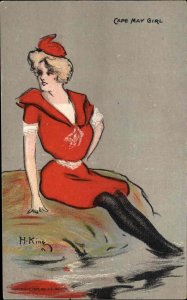 Bathing Beauty Woman in Red Suit Cape May NJ Girl Hamilton King Postcard