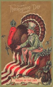 Thanksgiving Greetings Uncle Sam with Turkey Crown and Scepter Postcard AA69600