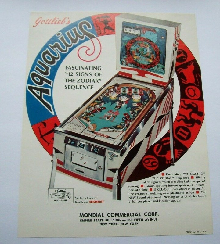 Aquarius Pinball Flyer Original NOS 1970 Art Zodiac Horoscope 8.5 x 11 Retro Mod