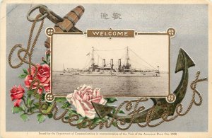 Embossed Postcard Welcome American White Fleet Yokohama Japan Souvenir Cancel