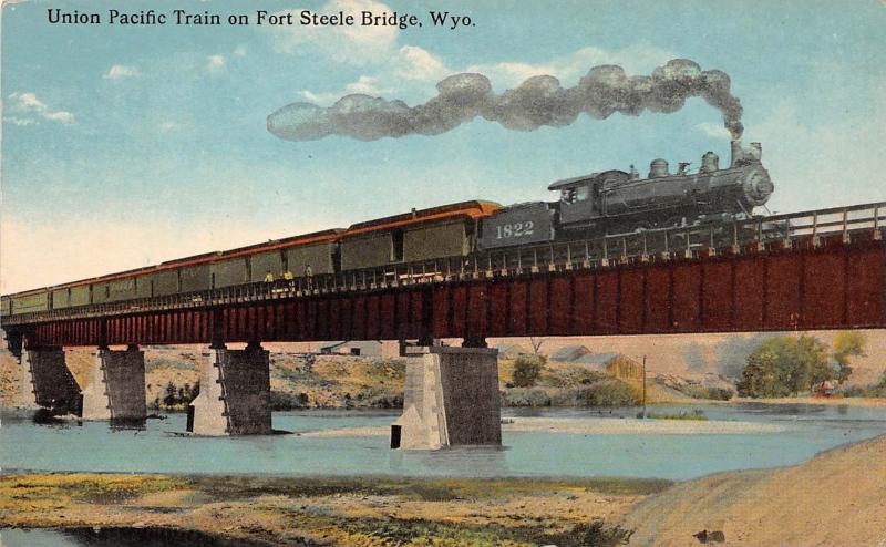 D67/ Fort Steele Bridge Wyoming c1910 Postcard Railroad Union Pacific Locomotive