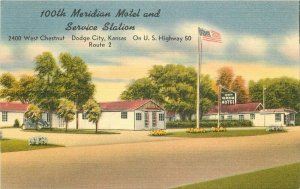 Dodge City Kansas 100th Meridian Hotel  roadside Tichnor linen Postcard 20-7864